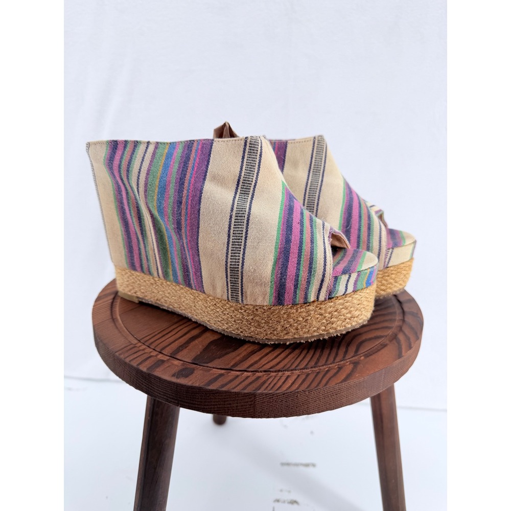 Chinese Laundry Striped Canvas Platform Wedge Peep Toe Mules Boho Festival